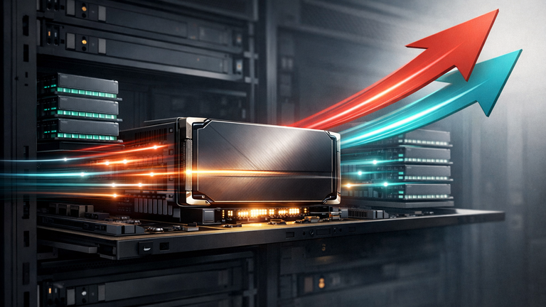 Symbolic illustration of an AI accelerator in a data center with abstract data flows and memory modules, representing a new GPU for large-scale AI workloads.