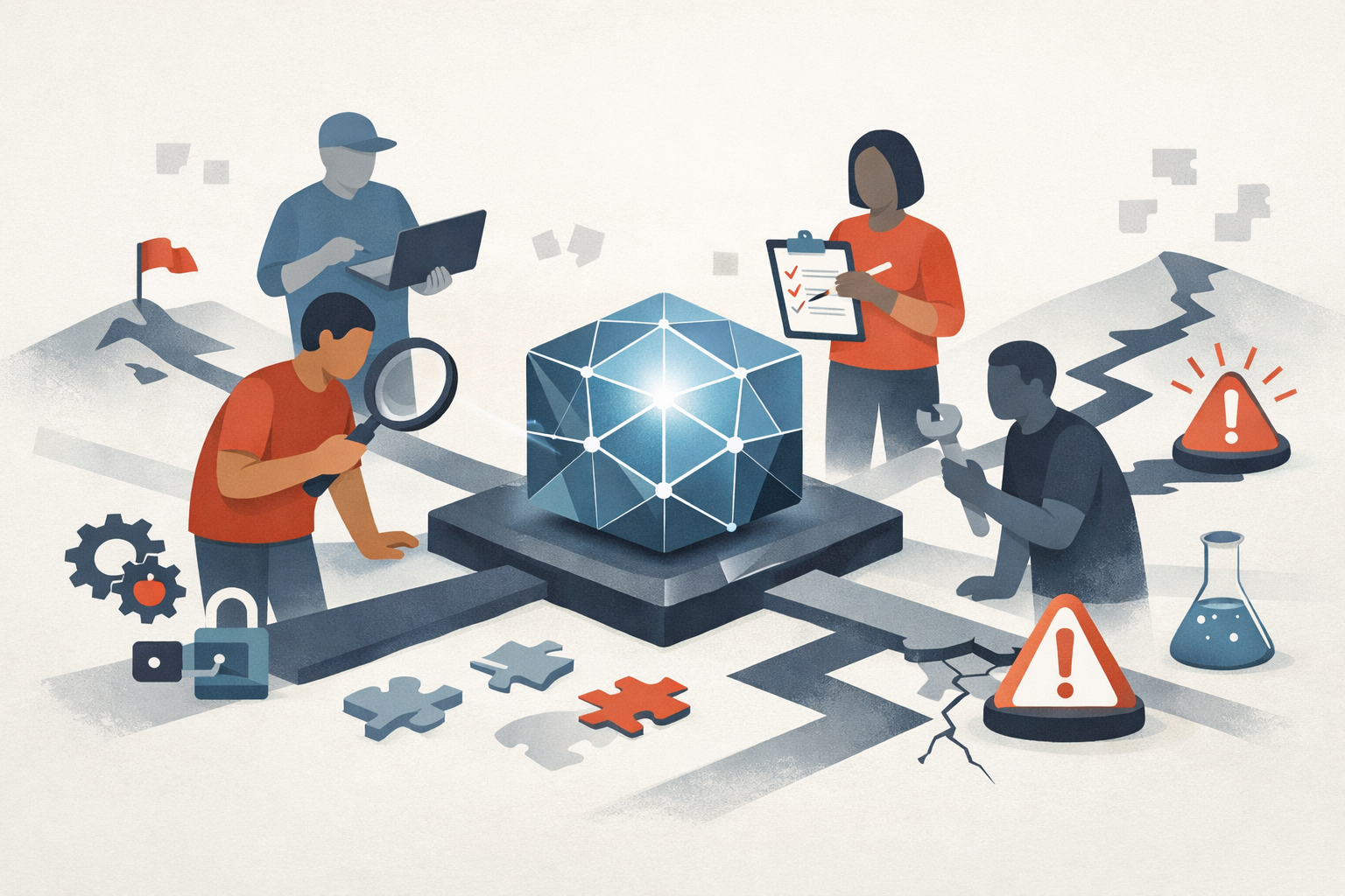 An editorial illustration of people evaluating an AI system with different tools and fragmented testing approaches, suggesting the lack of common red-teaming standards.