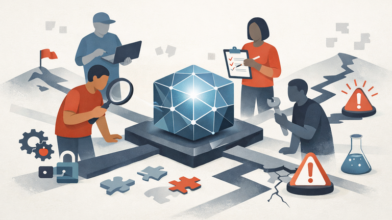 An editorial illustration of people evaluating an AI system with different tools and fragmented testing approaches, suggesting the lack of common red-teaming standards.