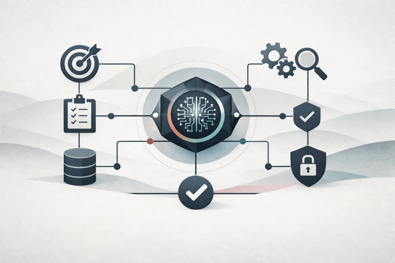 An abstract illustration of an AI agent coordinating tools, workflow steps, security checks, and human approval in an enterprise setting.