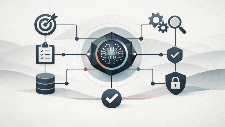 An abstract illustration of an AI agent coordinating tools, workflow steps, security checks, and human approval in an enterprise setting.