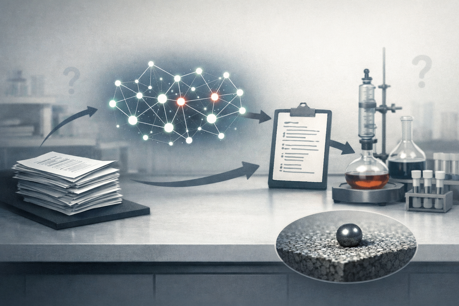An abstract lab scene showing AI model fine-tuning from research papers into a catalyst design workflow, ending in lab validation.