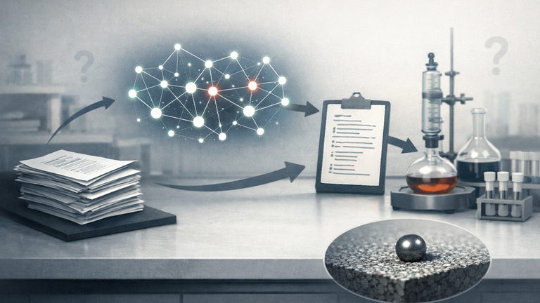 An abstract lab scene showing AI model fine-tuning from research papers into a catalyst design workflow, ending in lab validation.