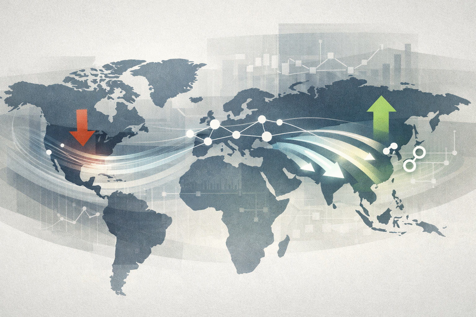 Symbolic illustration of global AI leadership perception shift, showing abstract directional flows from the United States toward China across a stylized world map, with interconnected nodes representing allied markets and layered indicators of technical capability versus public perception.