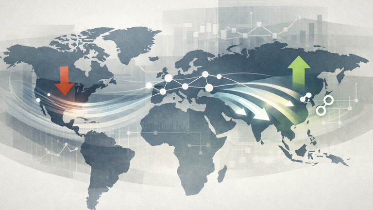 Symbolic illustration of global AI leadership perception shift, showing abstract directional flows from the United States toward China across a stylized world map, with interconnected nodes representing allied markets and layered indicators of technical capability versus public perception.