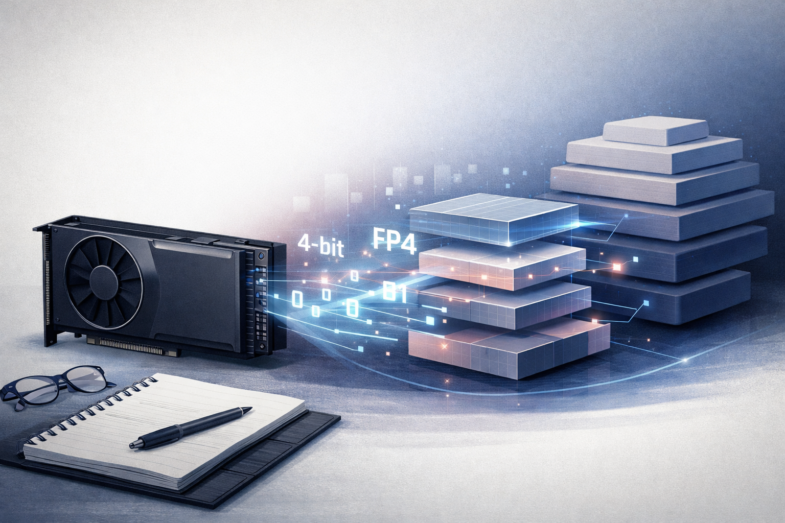 An editorial illustration showing a GPU-based AI research workflow for FP4 low-precision training and model optimization.
