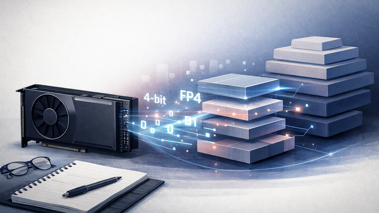 An editorial illustration showing a GPU-based AI research workflow for FP4 low-precision training and model optimization.