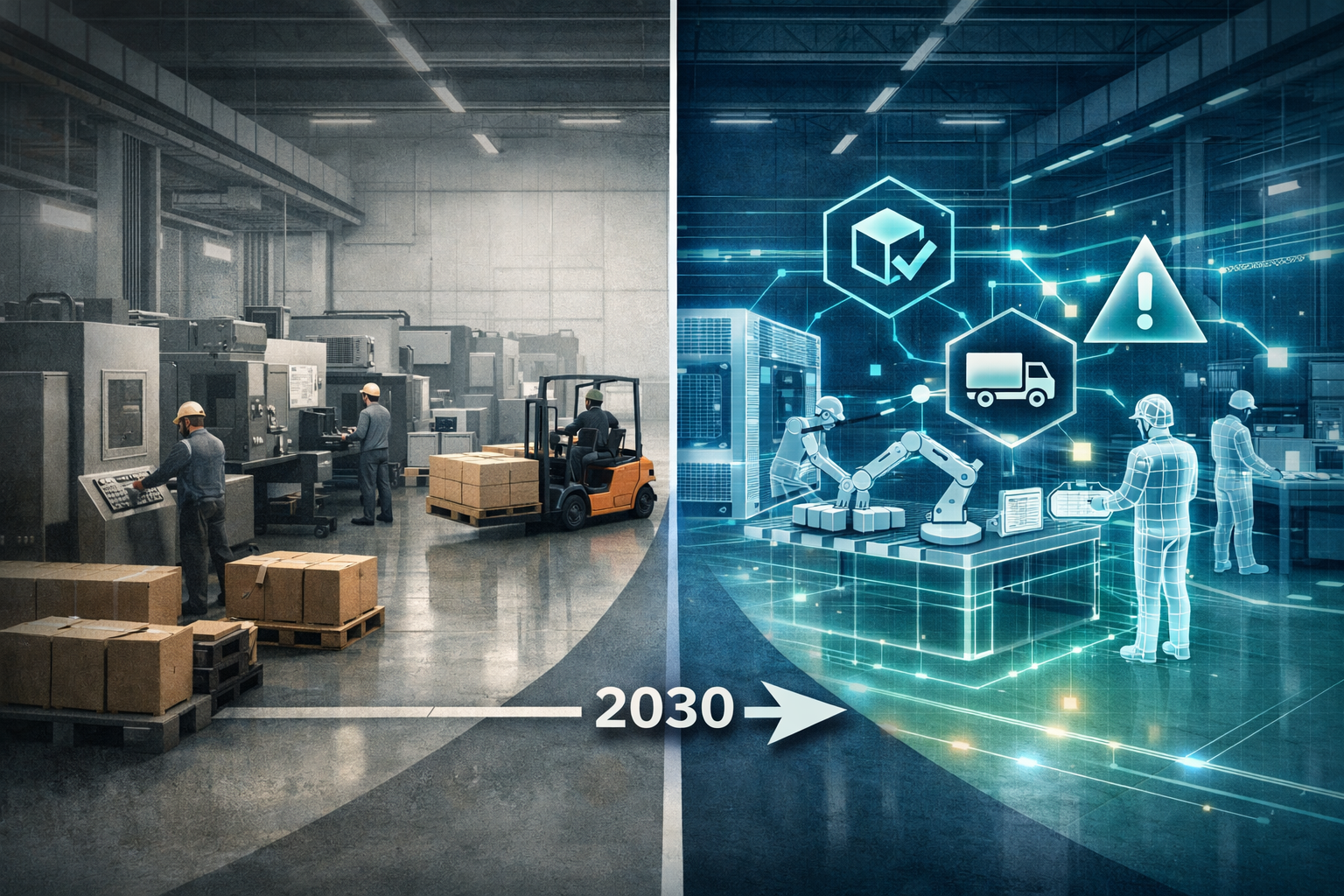 Symbolic illustration of a manufacturing facility divided into two halves: traditional operations on the left transitioning to AI-native operations on the right, with digital twin overlays, AI agent nodes, and interconnected systems representing quality control, logistics, and safety integration by 2030.