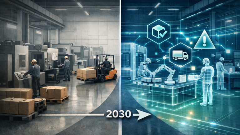 Symbolic illustration of a manufacturing facility divided into two halves: traditional operations on the left transitioning to AI-native operations on the right, with digital twin overlays, AI agent nodes, and interconnected systems representing quality control, logistics, and safety integration by 2030.