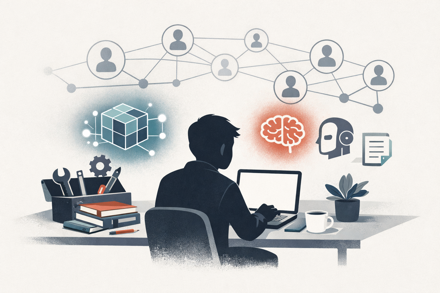 An illustration of a startup founder surrounded by AI tools, learning resources, and a community network, representing startup support for building with AI.