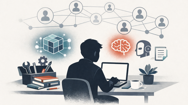 An illustration of a startup founder surrounded by AI tools, learning resources, and a community network, representing startup support for building with AI.