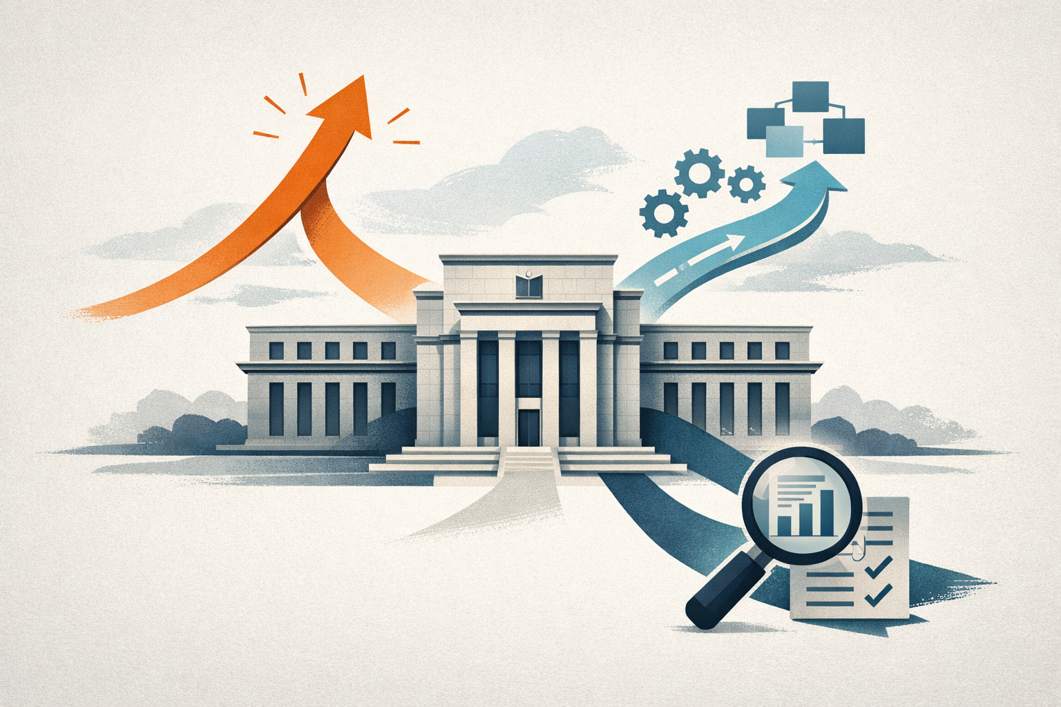 Symbolic illustration of Federal Reserve policy signals: a central bank building with three distinct pathways representing inflation focus, communications framework review, and statistical methodology scrutiny.