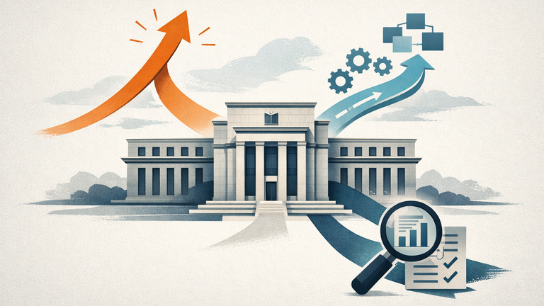 Symbolic illustration of Federal Reserve policy signals: a central bank building with three distinct pathways representing inflation focus, communications framework review, and statistical methodology scrutiny.