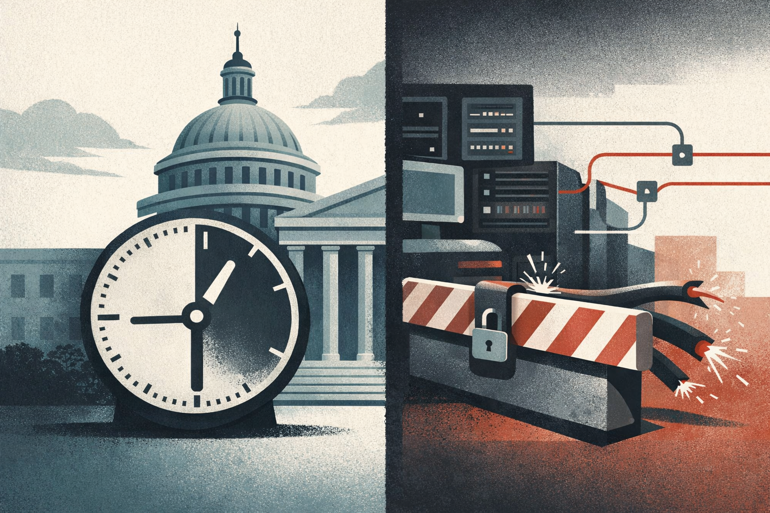 Symbolic illustration contrasting government regulatory action (left, with countdown clock) against technology infrastructure disruption (right, with blocked connections), representing the 90-minute export control directive issued to Anthropic.