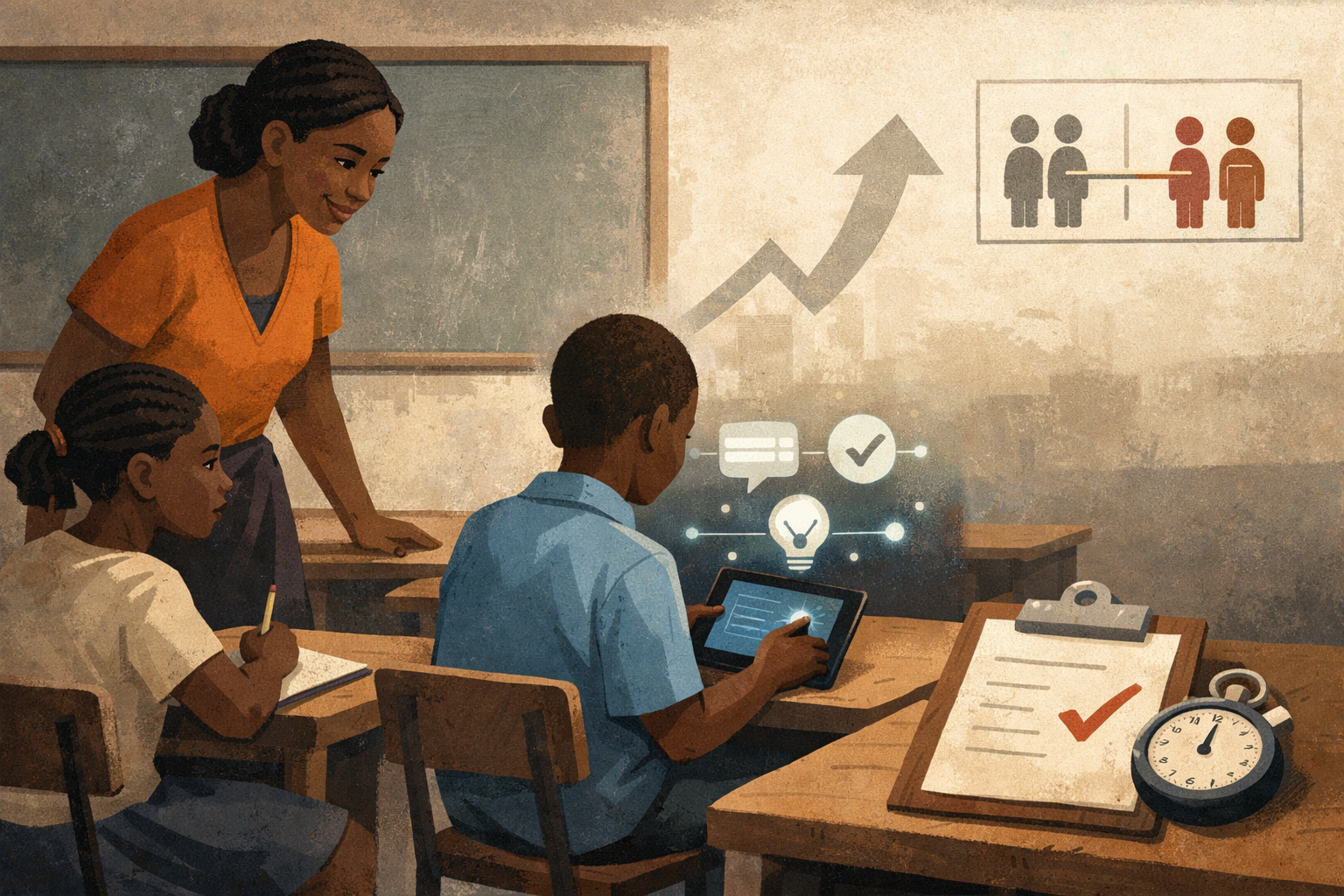 Illustration of a classroom AI learning trial showing students, a teacher, and symbolic signs of measured learning improvement.