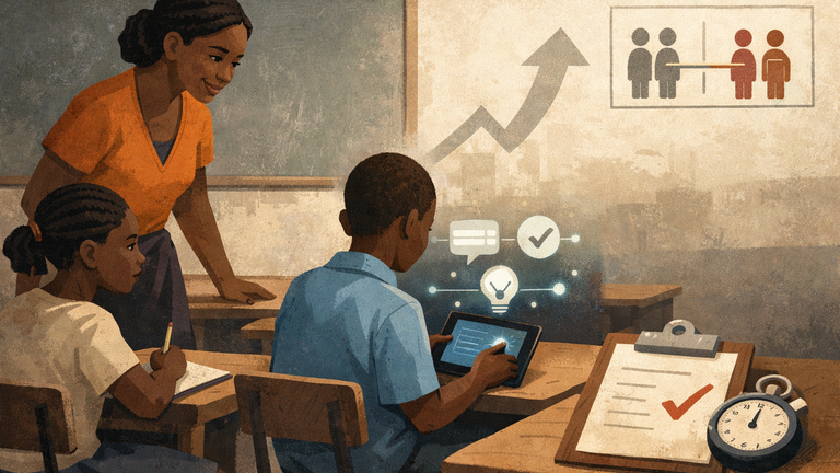 Illustration of a classroom AI learning trial showing students, a teacher, and symbolic signs of measured learning improvement.