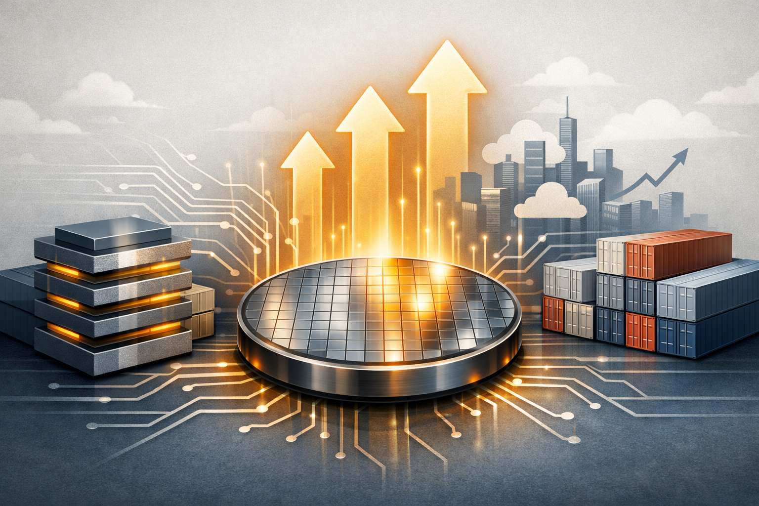 An editorial illustration showing a semiconductor chip, export containers, and upward arrows symbolizing Korea's ICT export growth driven by HBM and DDR5 demand.