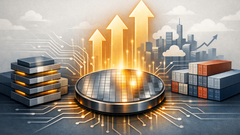 An editorial illustration showing a semiconductor chip, export containers, and upward arrows symbolizing Korea's ICT export growth driven by HBM and DDR5 demand.