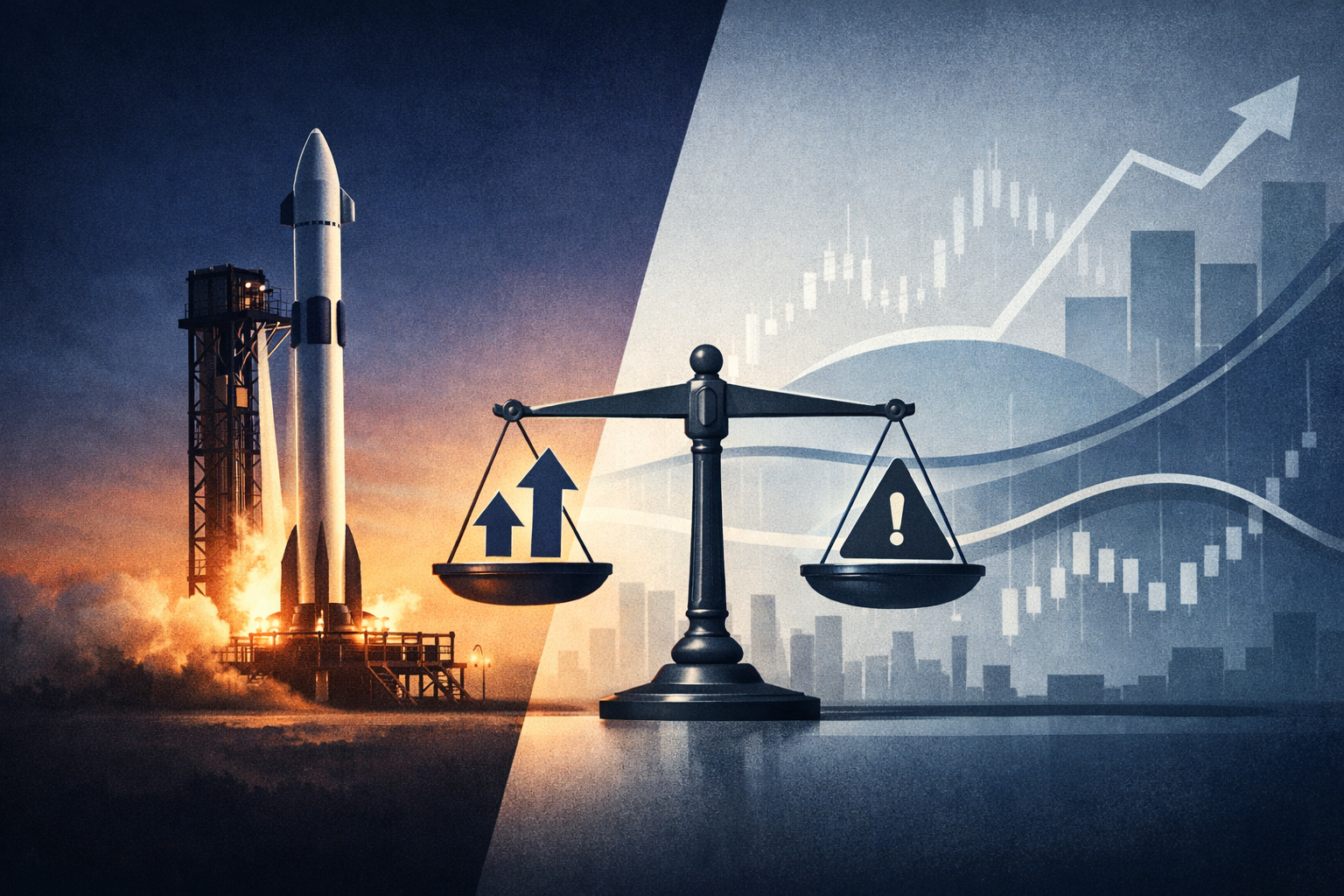 Symbolic illustration of a rocket and market risk themes placed beside abstract interest-rate and bond imagery.