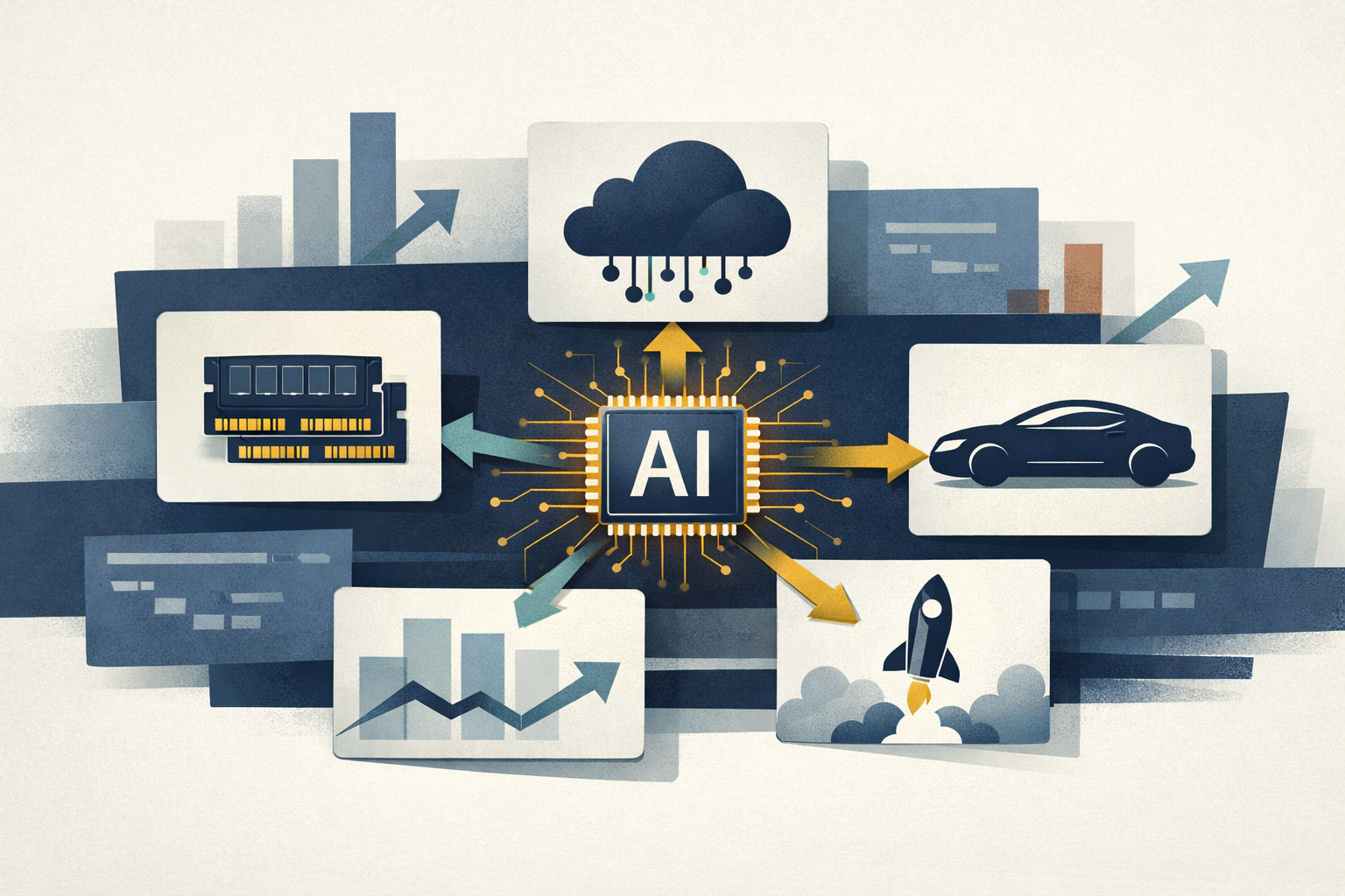 Editorial illustration of a central AI chip linked to semiconductors, software, luxury consumer, and space-growth icons, showing how analyst calls can reframe market themes.