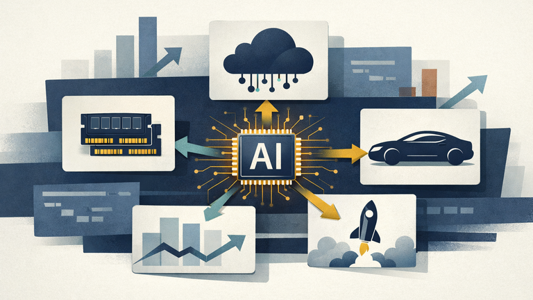 Editorial illustration of a central AI chip linked to semiconductors, software, luxury consumer, and space-growth icons, showing how analyst calls can reframe market themes.