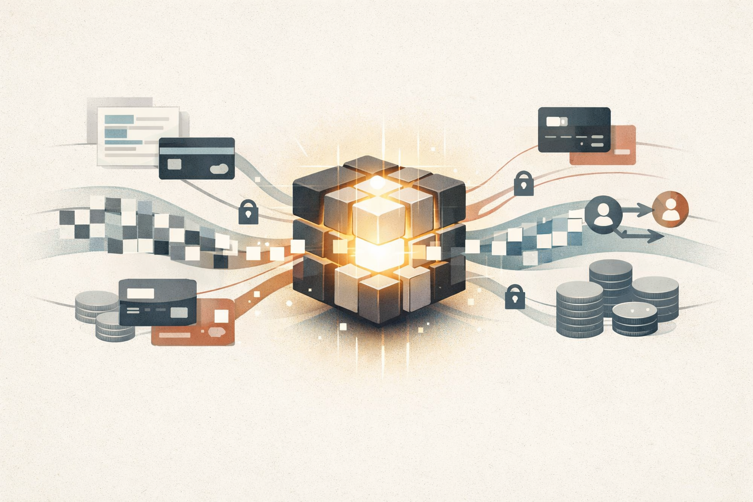 An illustration of banking data streams feeding an AI model that learns patterns from masked transaction records.