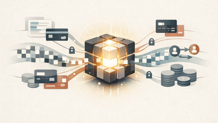 An illustration of banking data streams feeding an AI model that learns patterns from masked transaction records.