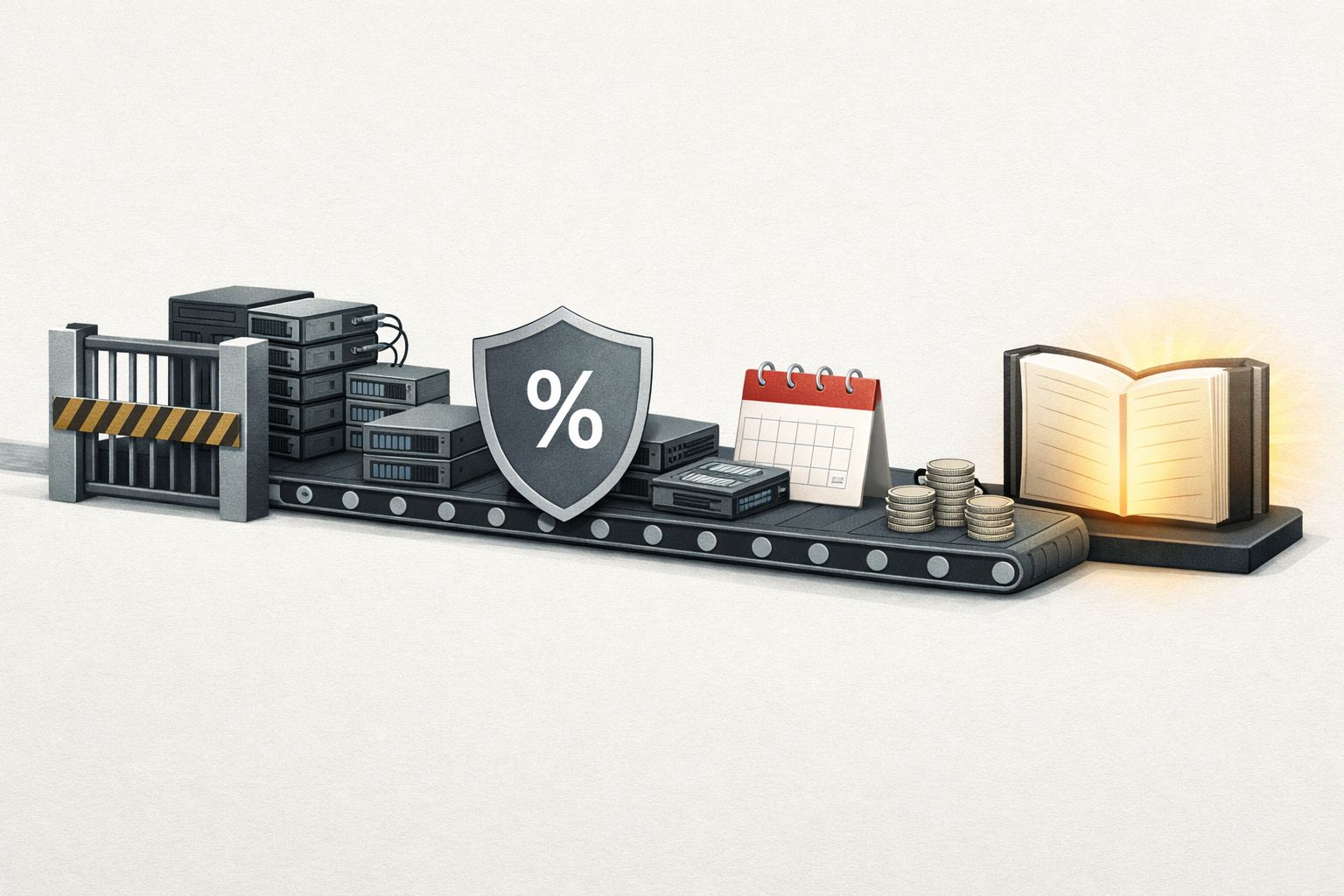Editorial illustration of an AI infrastructure supply pipeline feeding revenue recognition, with a bottleneck gate, margin symbol, and future earnings calendar.