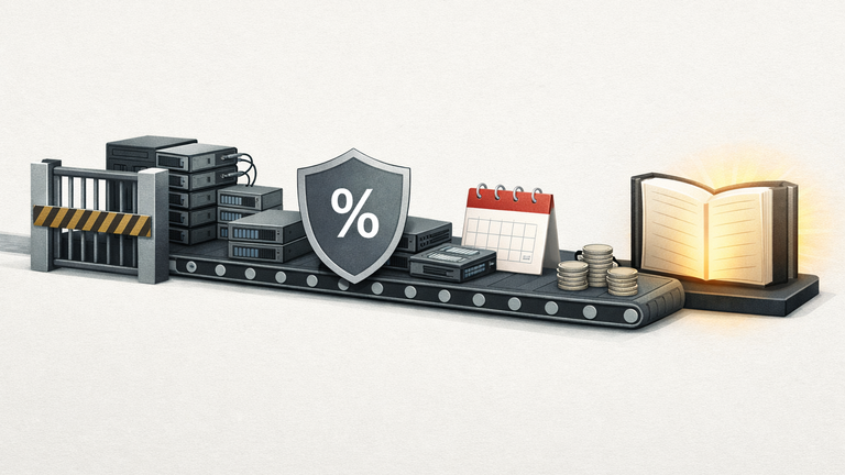 Editorial illustration of an AI infrastructure supply pipeline feeding revenue recognition, with a bottleneck gate, margin symbol, and future earnings calendar.