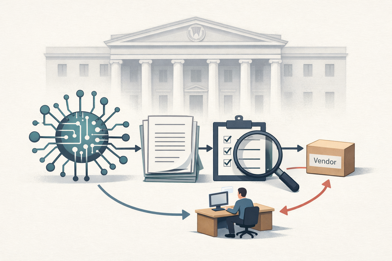 An editorial illustration showing an AI system, disclosure papers, an audit magnifying glass, and a vendor-to-finance workflow connected by arrows to suggest proposed SEC oversight.