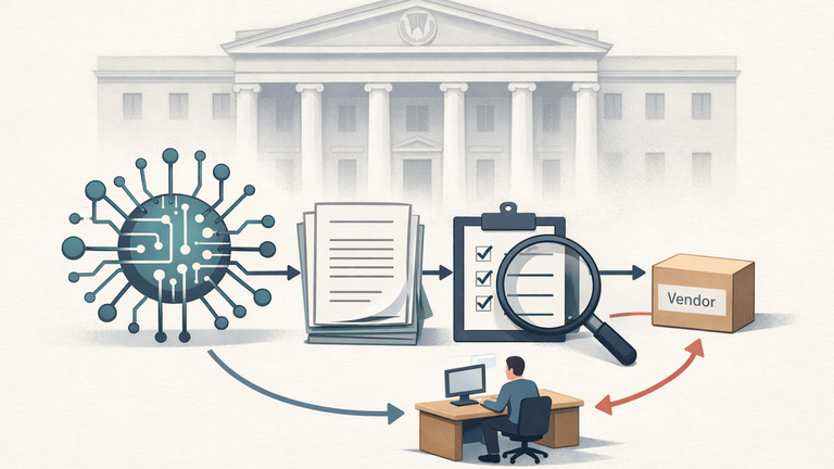 An editorial illustration showing an AI system, disclosure papers, an audit magnifying glass, and a vendor-to-finance workflow connected by arrows to suggest proposed SEC oversight.