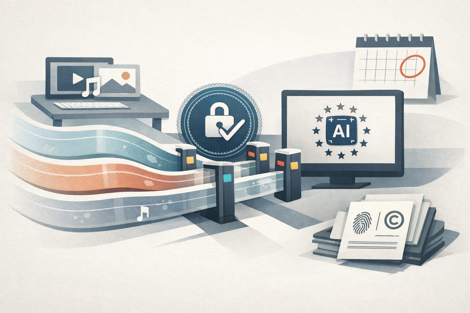 Symbolic illustration of an AI content compliance pipeline with metadata, watermarking, and a user-facing disclosure icon ahead of a deadline.