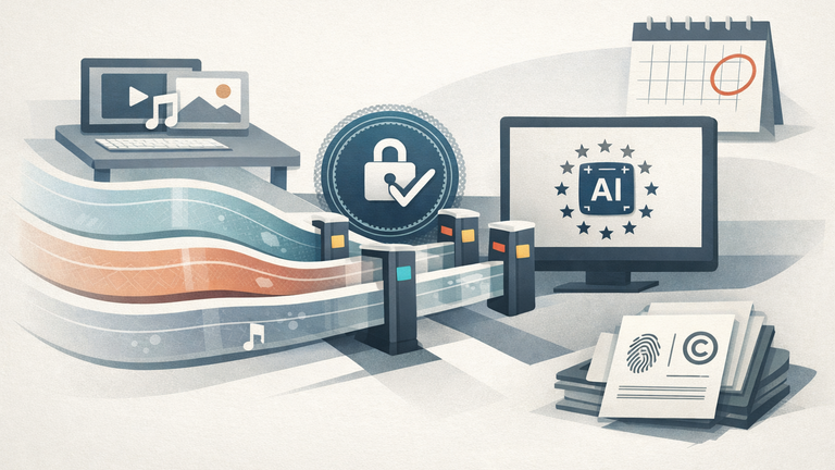 Symbolic illustration of an AI content compliance pipeline with metadata, watermarking, and a user-facing disclosure icon ahead of a deadline.