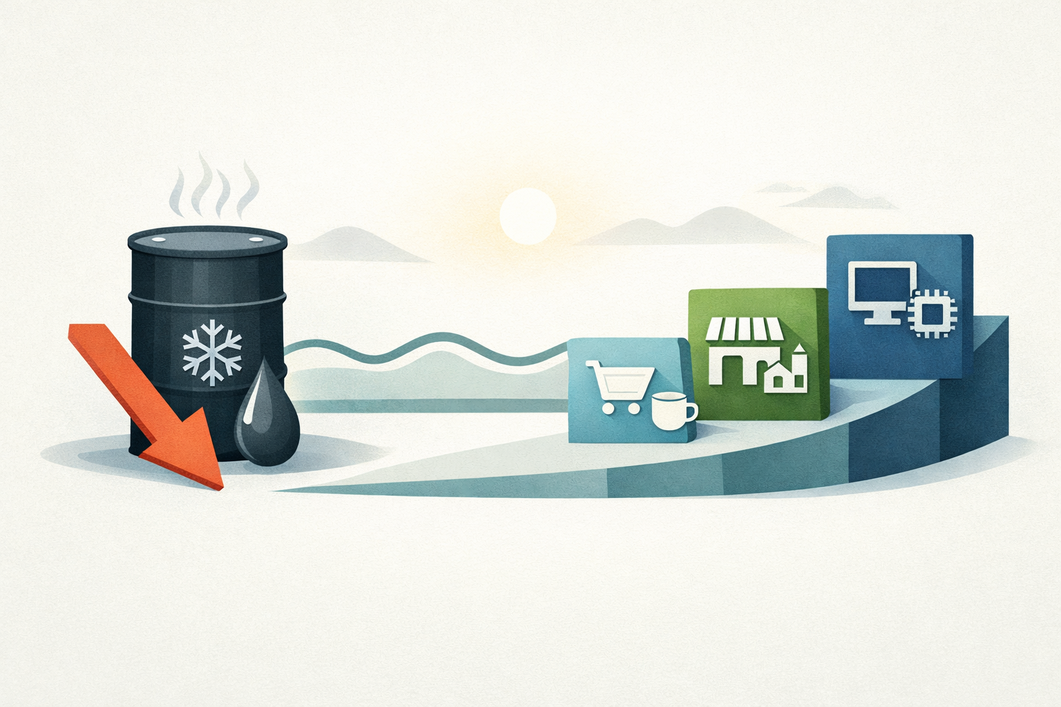 An editorial illustration showing lower oil prices and steadier yields helping market gains spread from big tech to consumer and small-cap sectors.