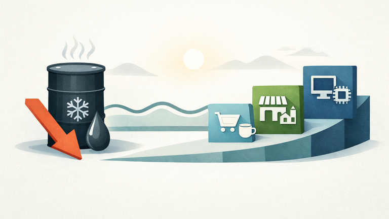 An editorial illustration showing lower oil prices and steadier yields helping market gains spread from big tech to consumer and small-cap sectors.