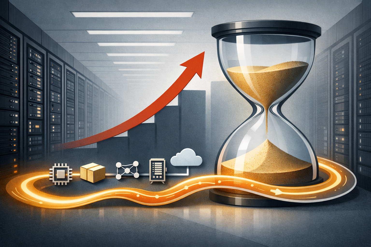 Symbolic illustration of AI infrastructure deployment moving through supply-chain stages with a clock motif, showing the gap between demand and actual rollout.
