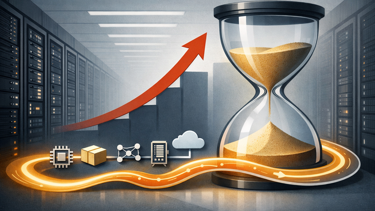 Symbolic illustration of AI infrastructure deployment moving through supply-chain stages with a clock motif, showing the gap between demand and actual rollout.
