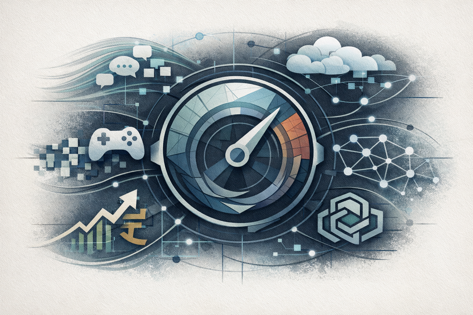Abstract illustration of a complex digital network, symbolizing Tencent's diverse businesses, acting as a central gauge for China's AI monetization, consumer digital spending, and regulatory environment, with interconnected symbolic elements representing these forces.