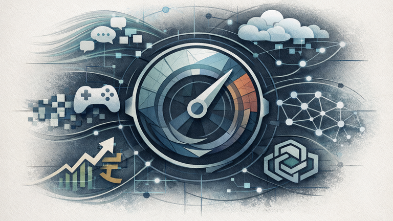 Abstract illustration of a complex digital network, symbolizing Tencent's diverse businesses, acting as a central gauge for China's AI monetization, consumer digital spending, and regulatory environment, with interconnected symbolic elements representing these forces.