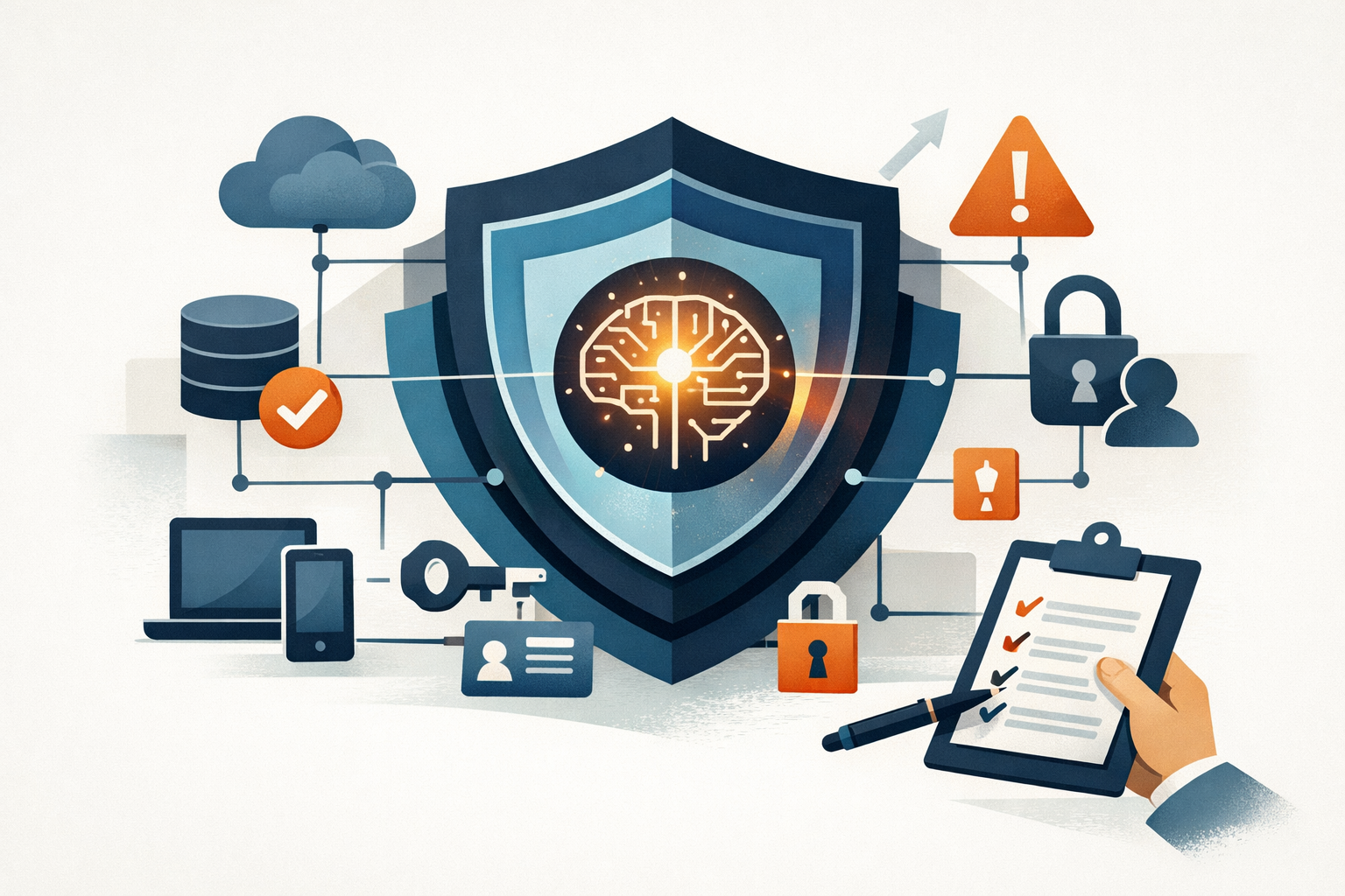 An abstract illustration of AI systems protected by layered cybersecurity tools, with cloud, code, identity, and endpoint elements connected around a central AI core.