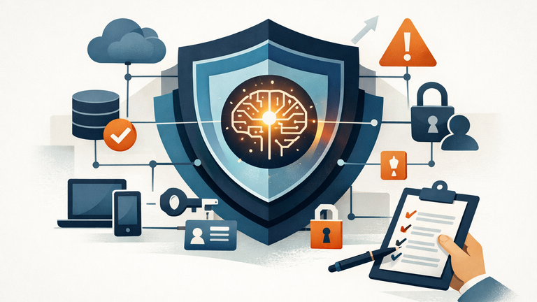 An abstract illustration of AI systems protected by layered cybersecurity tools, with cloud, code, identity, and endpoint elements connected around a central AI core.