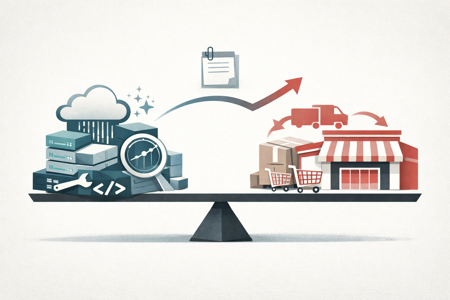 An editorial illustration showing AI infrastructure software and a large retailer as two parts of a cautious market signal, connected by analyst-note and trend symbols.