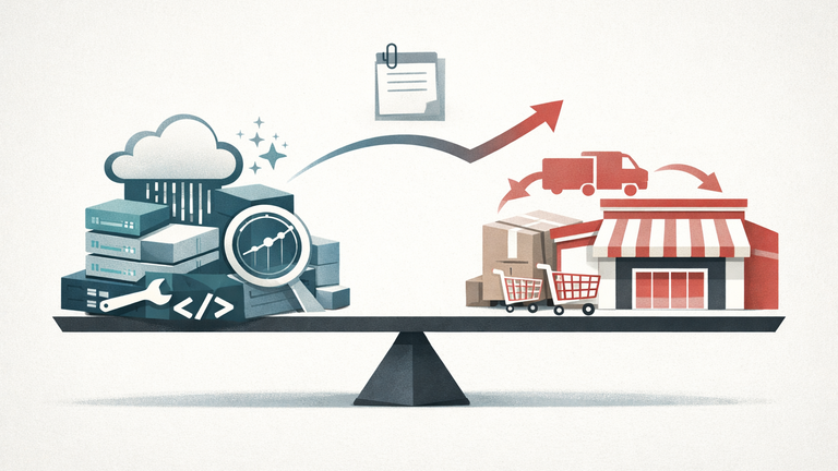 An editorial illustration showing AI infrastructure software and a large retailer as two parts of a cautious market signal, connected by analyst-note and trend symbols.