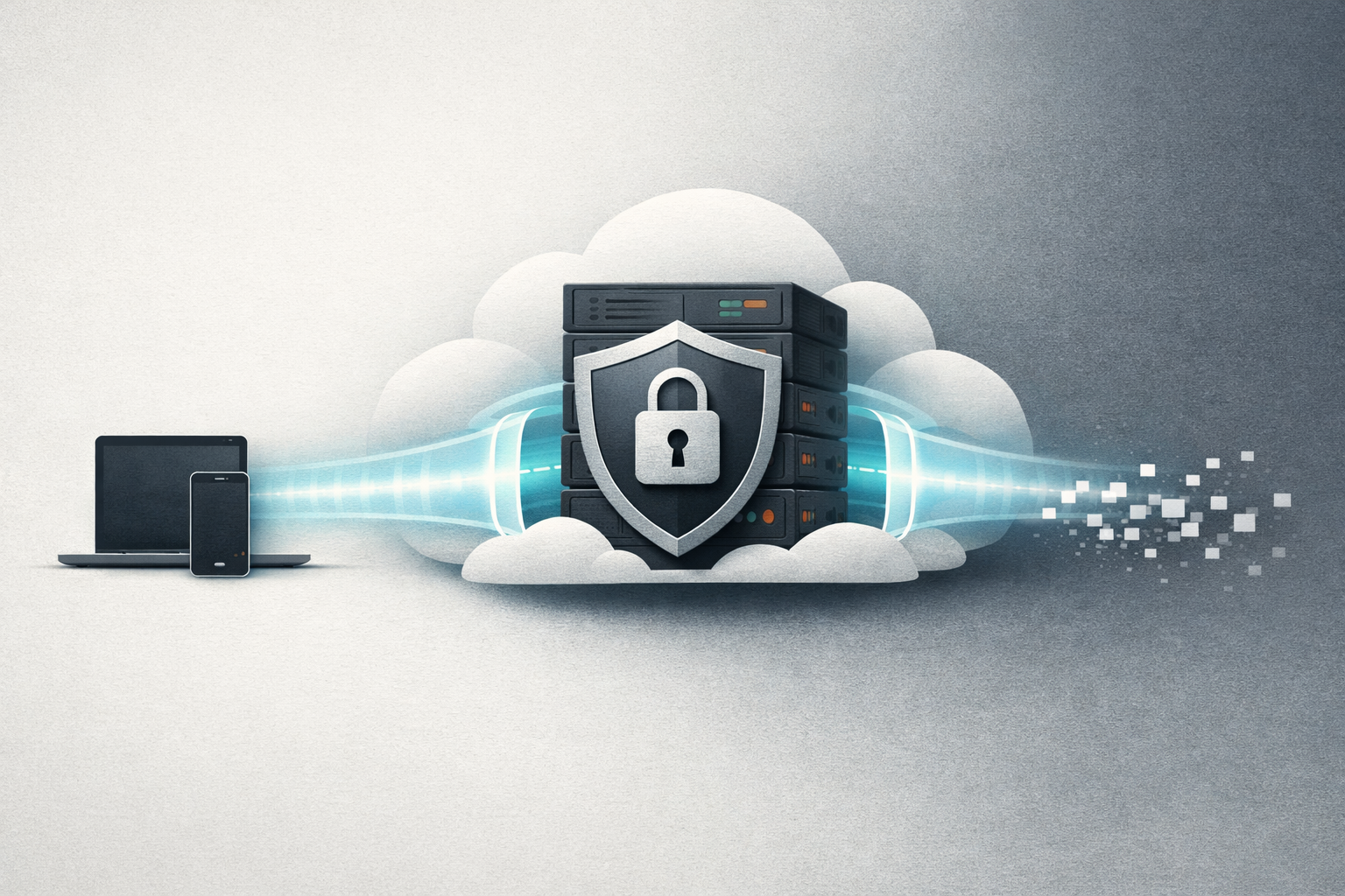 An illustration showing an encrypted connection from a user device to a validated cloud AI node, with privacy and data-deletion symbols.