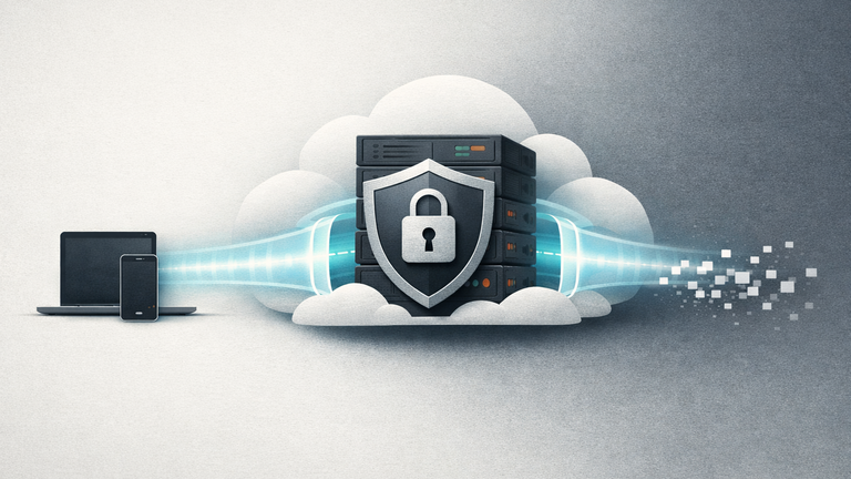 An illustration showing an encrypted connection from a user device to a validated cloud AI node, with privacy and data-deletion symbols.
