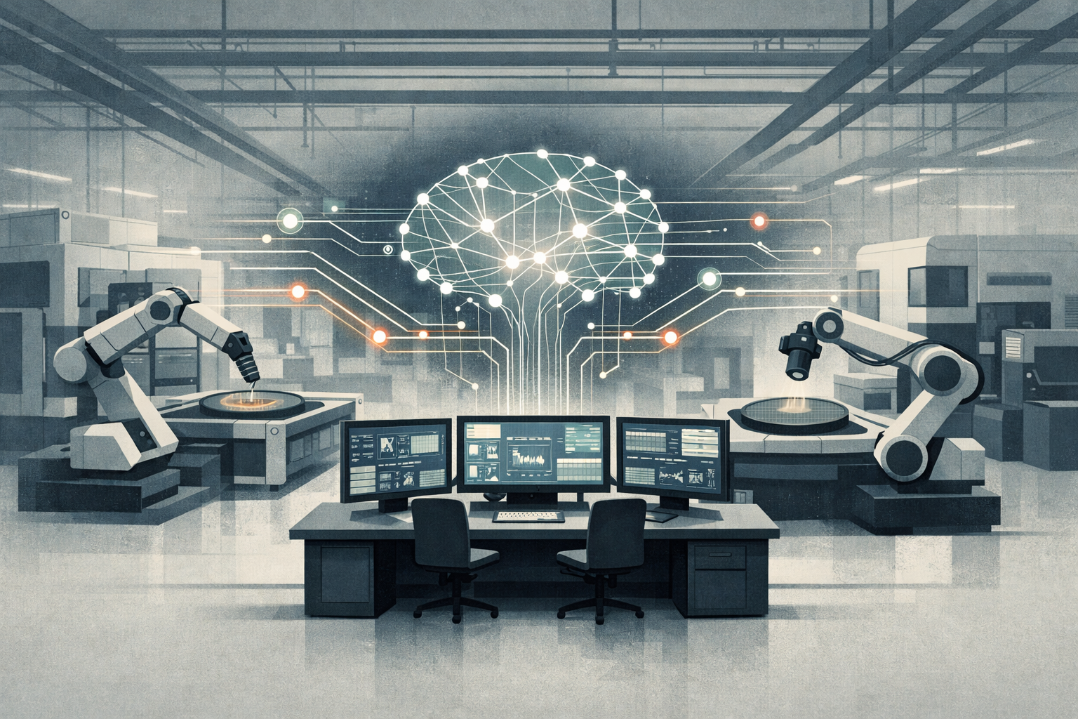 An illustration of a semiconductor factory with AI data streams linking machines, inspection systems, and a control center.