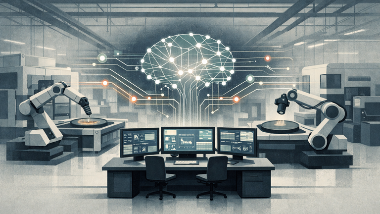 An illustration of a semiconductor factory with AI data streams linking machines, inspection systems, and a control center.