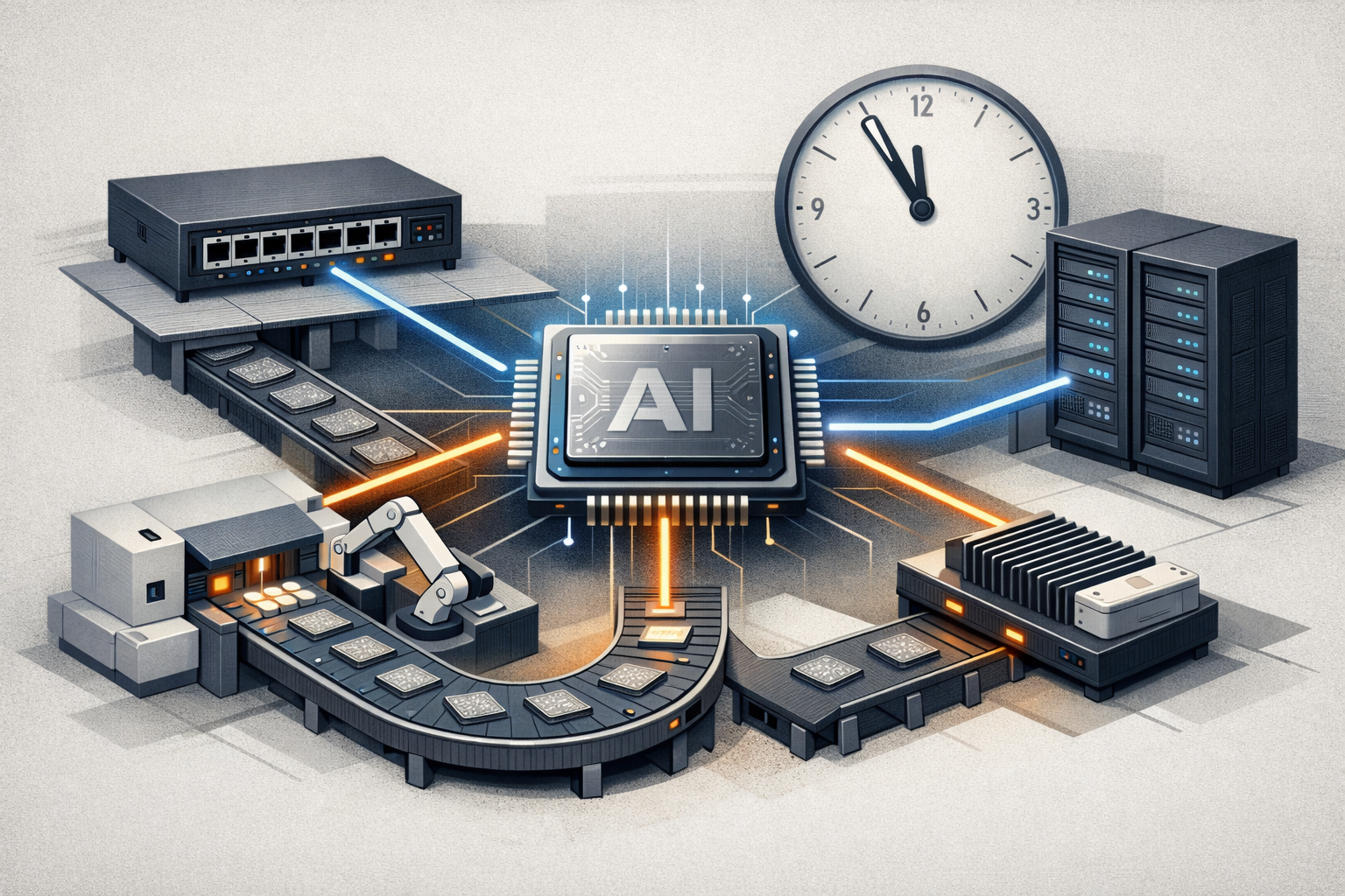 Stylized illustration of a semiconductor and AI networking supply chain with bottlenecks and timing pressure.