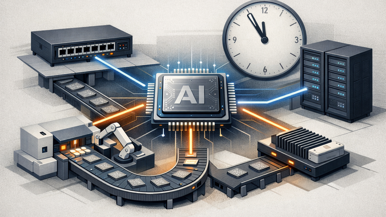 Stylized illustration of a semiconductor and AI networking supply chain with bottlenecks and timing pressure.