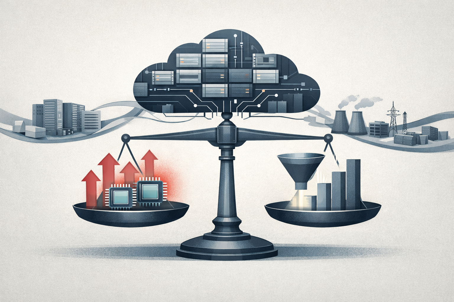 Abstract illustration of AI infrastructure spending flowing through a supply chain toward revenue and earnings conversion.